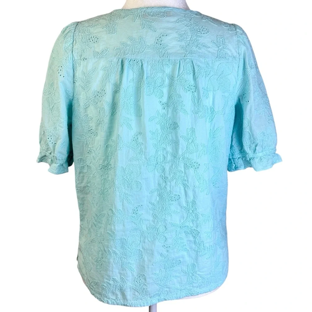 LOFT Light Aqua Blue Eyelet Embroidered Blouse Size M - Picture 6 of 11